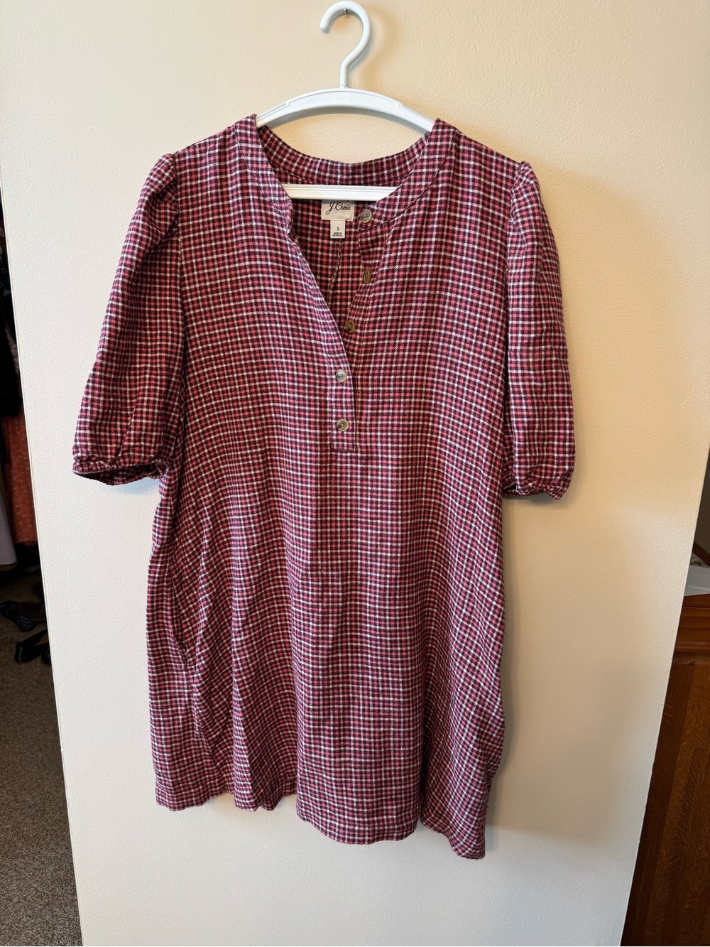 J Crew Women's Burgundy Plaid Henley Dress